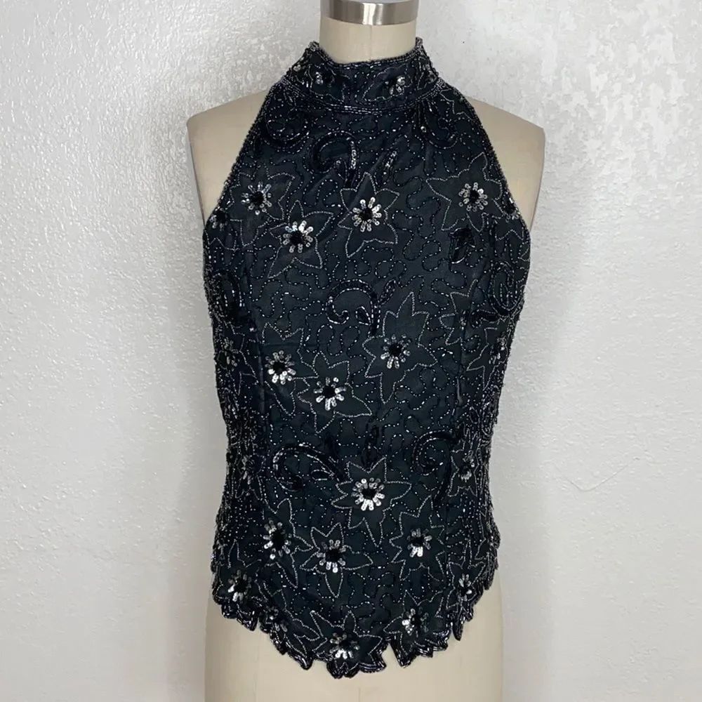 Vintage black embellished beaded deco burning man party festival top M
